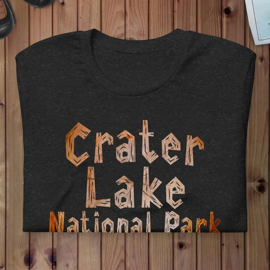 Crater Lake National Park wood grain t-shirt shown in lifestyle or modeled setting