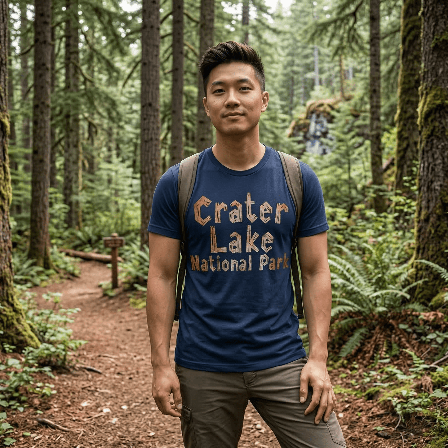Crater Lake National Park wood grain t-shirt shown in lifestyle or modeled setting