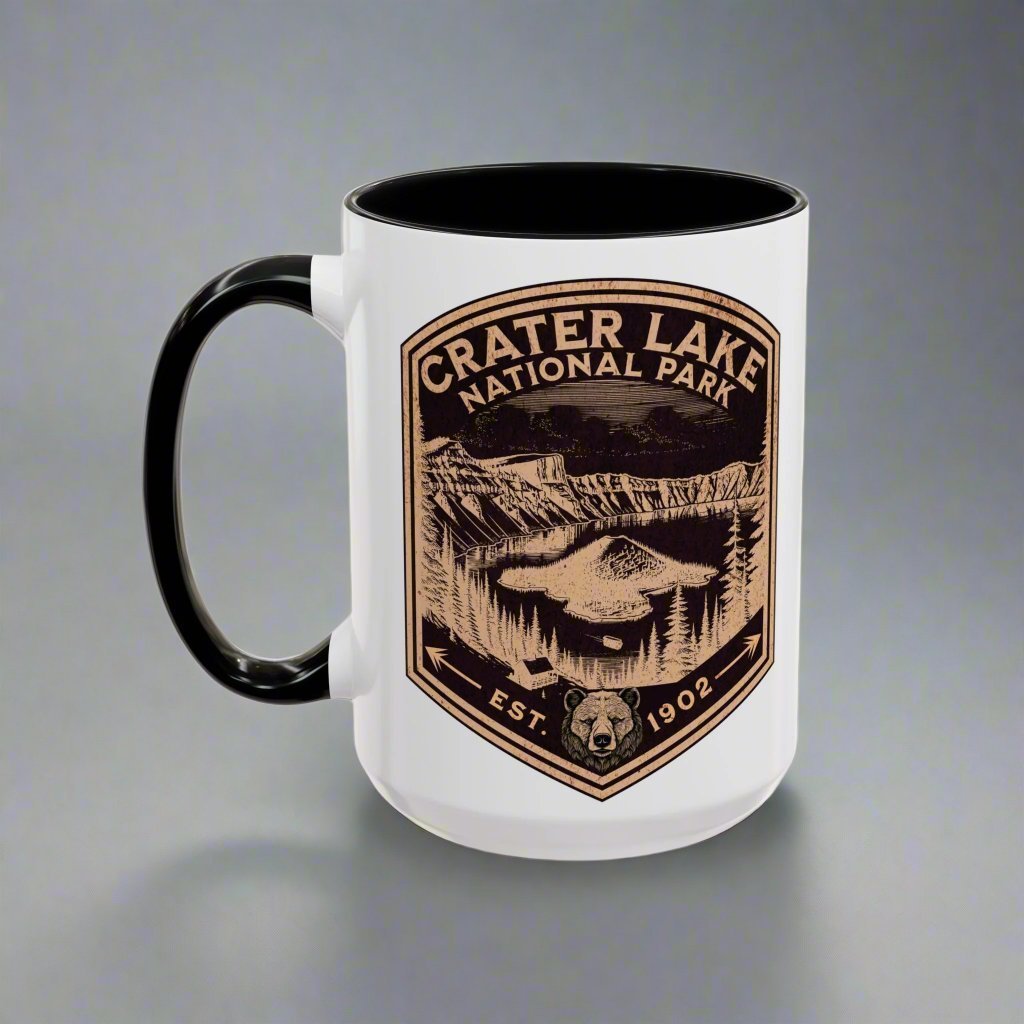 Crater Lake National Park scenic bear shield accent mug shown from alternate product angle