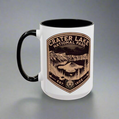 Crater Lake National Park scenic bear shield accent mug shown from alternate product angle