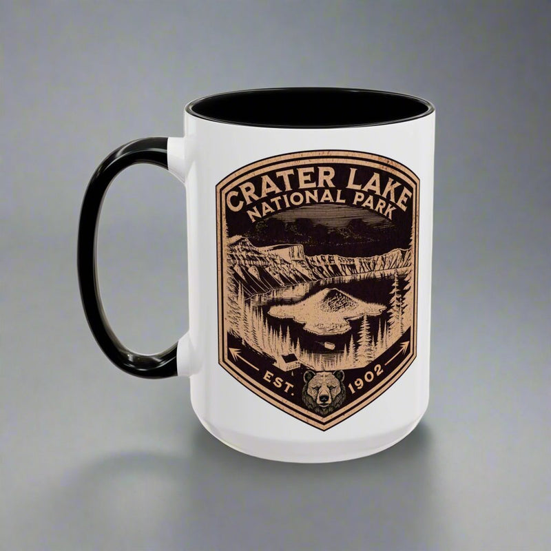 Crater Lake National Park scenic bear shield accent mug shown from alternate product angle