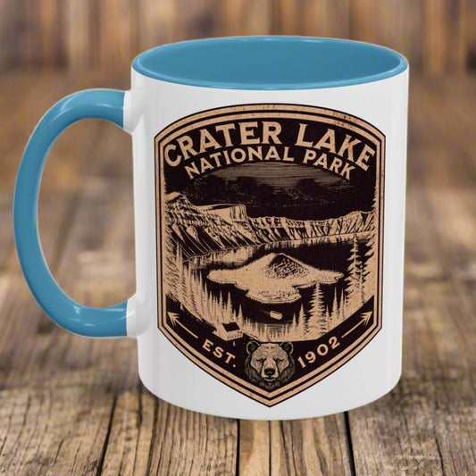 Crater Lake National Park scenic bear shield accent mug shown as primary product image