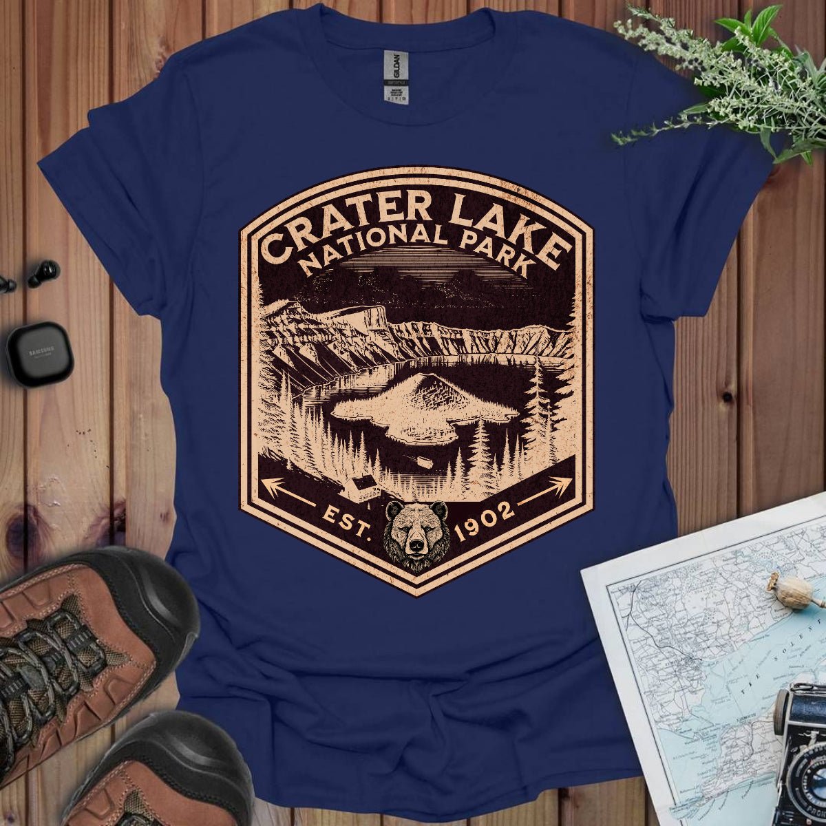 Crater Lake National Park rustic mountain shield graphic t-shirt detail or alternate product view