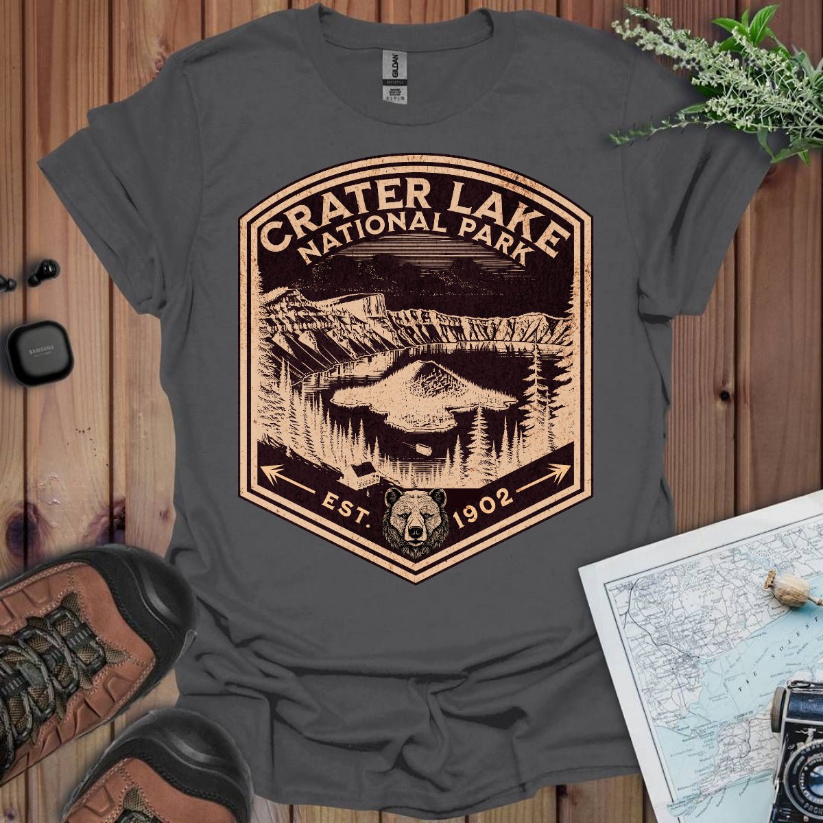 Crater Lake National Park rustic mountain shield graphic t-shirt shown from alternate product angle