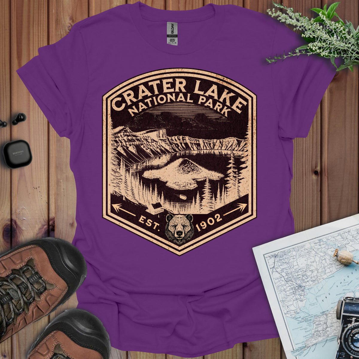 Crater Lake National Park rustic mountain shield graphic t-shirt detail or alternate product view