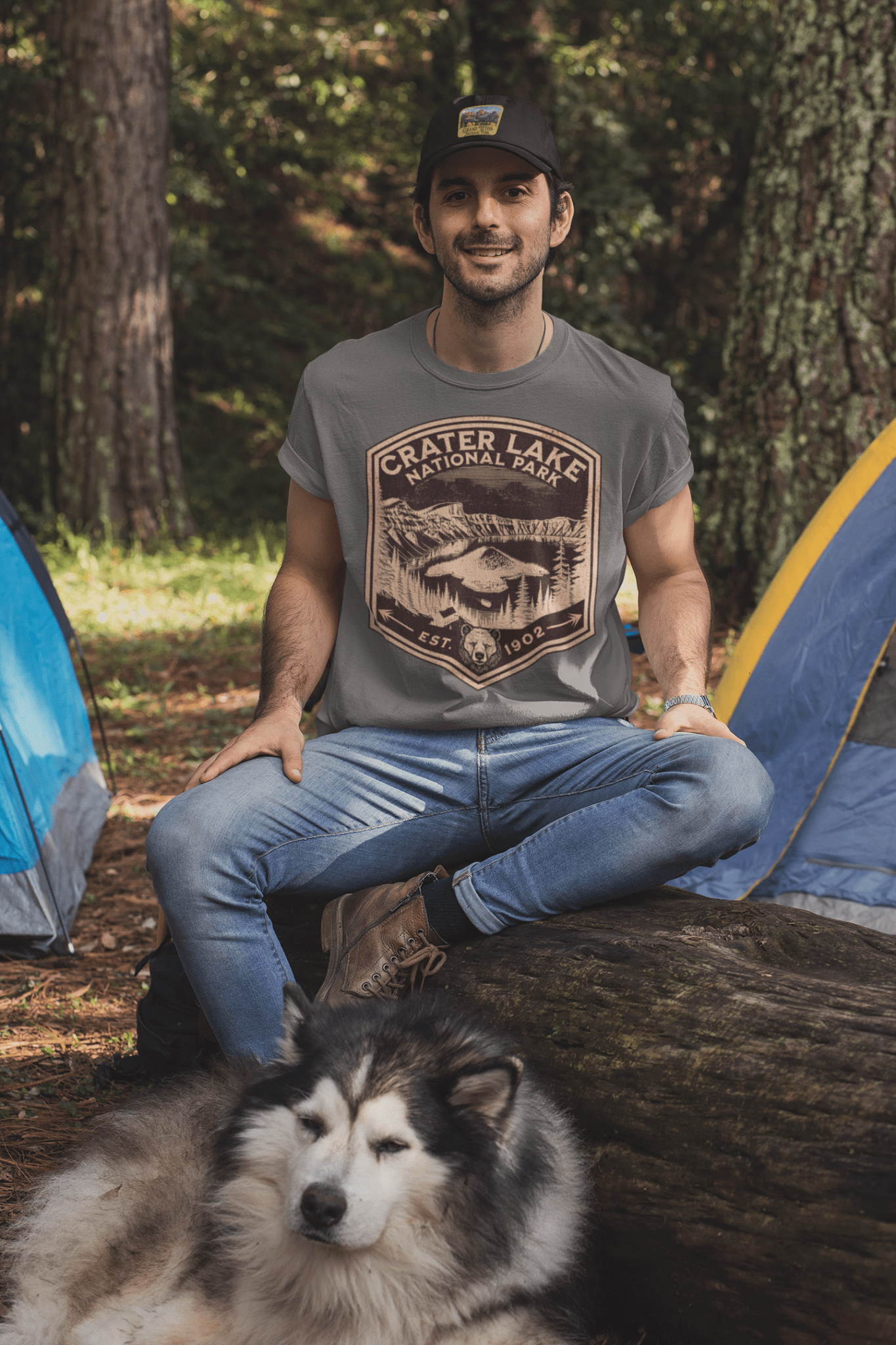 Crater Lake National Park rustic mountain shield graphic t-shirt shown from alternate product angle