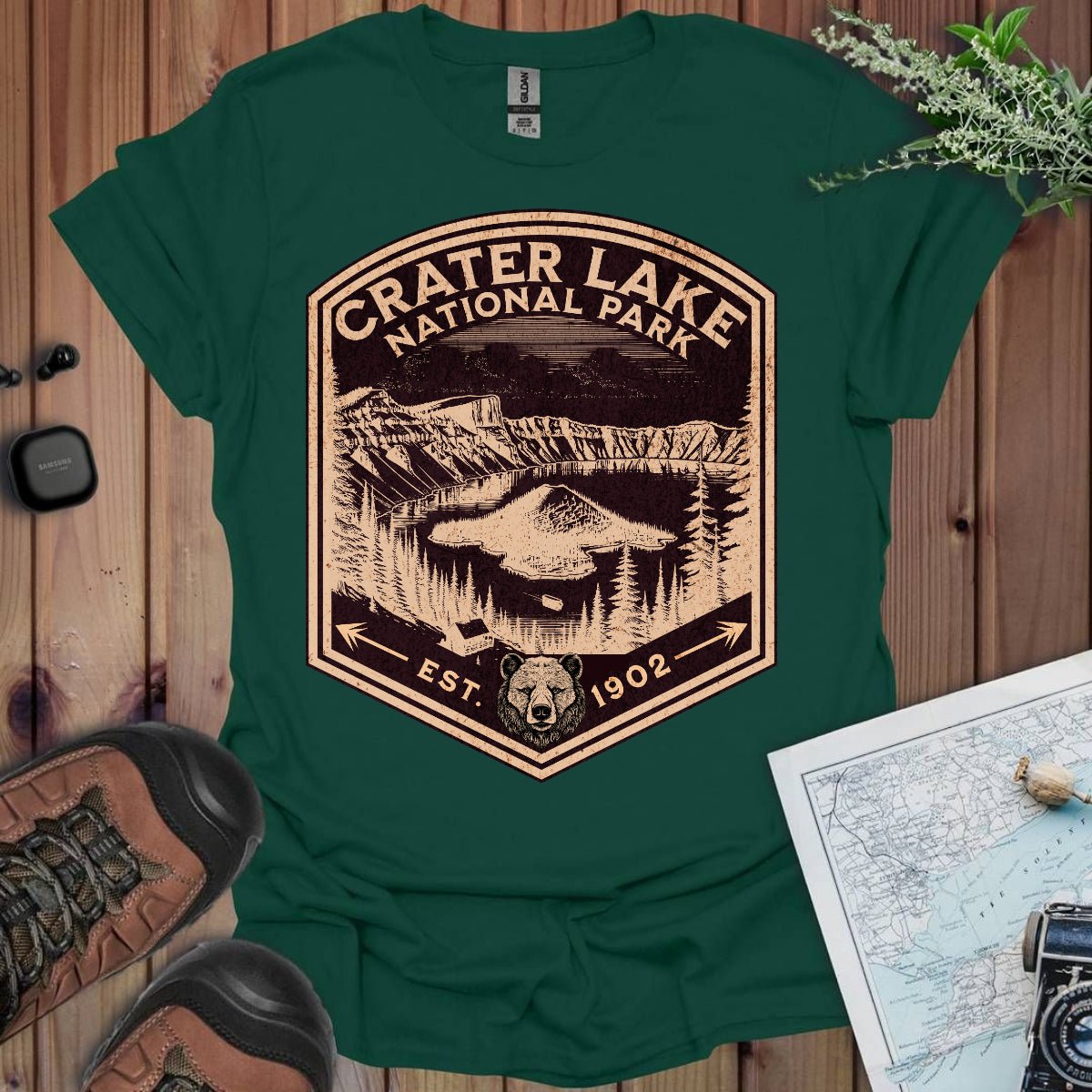 Crater Lake National Park rustic mountain shield graphic t-shirt shown from alternate product angle