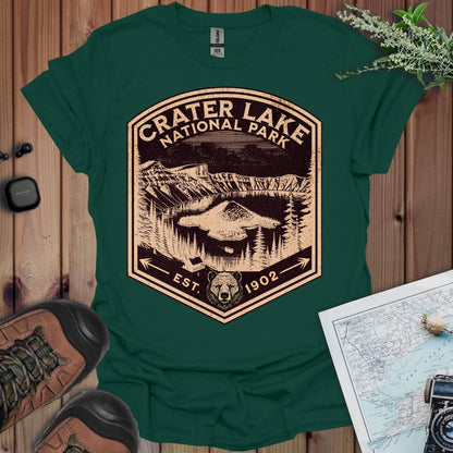 Crater Lake National Park rustic mountain shield graphic t-shirt shown from alternate product angle