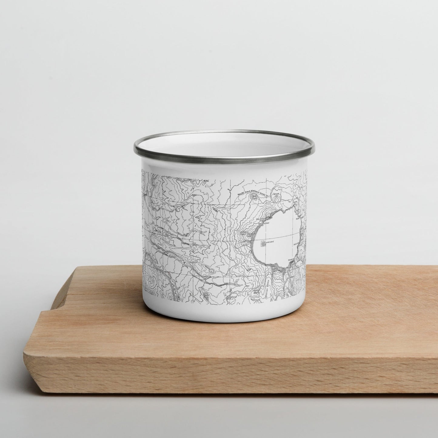 Crater Lake National Park topographic durable enamel camp mug shown from alternate product angle