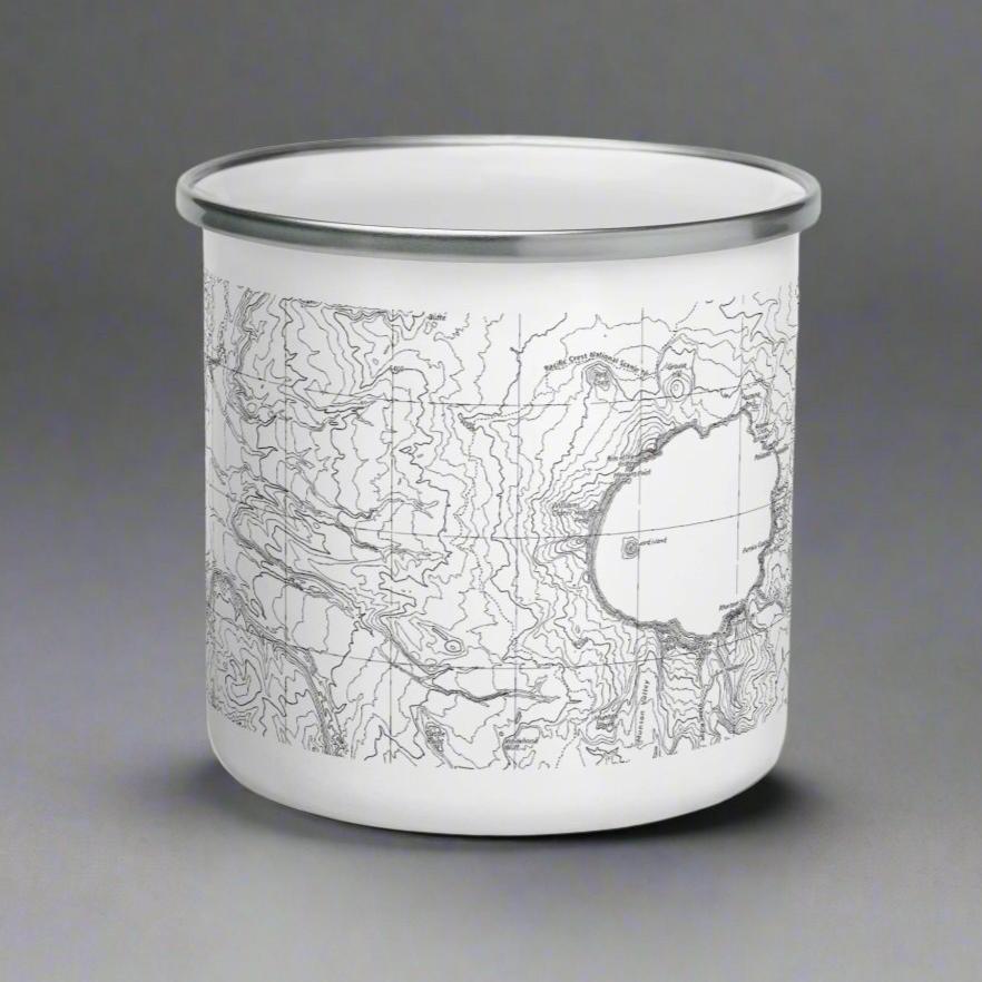 Crater Lake National Park topographic durable enamel camp mug shown from alternate product angle