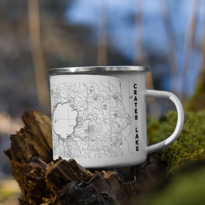 Crater Lake National Park topographic durable enamel camp mug shown from alternate product angle