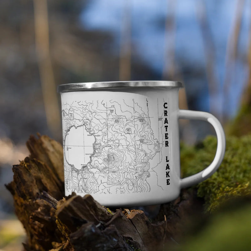 Crater Lake National Park topographic durable enamel camp mug shown from alternate product angle