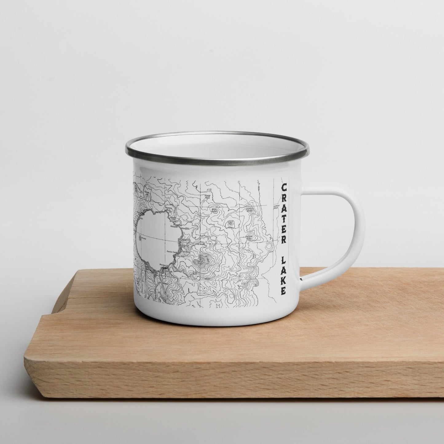 Crater Lake National Park topographic durable enamel camp mug showing design detail or product variation