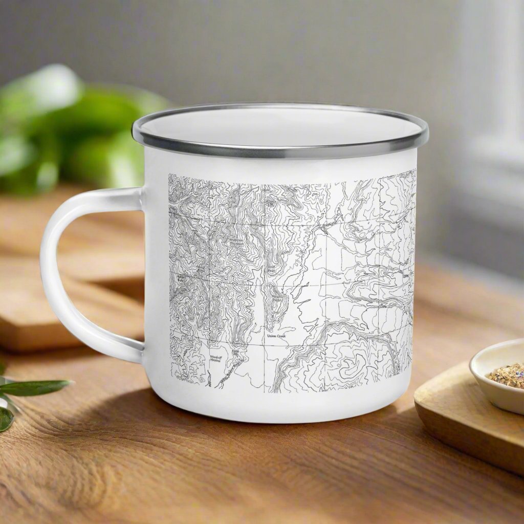 Crater Lake National Park topographic durable enamel camp mug showing design detail or product variation