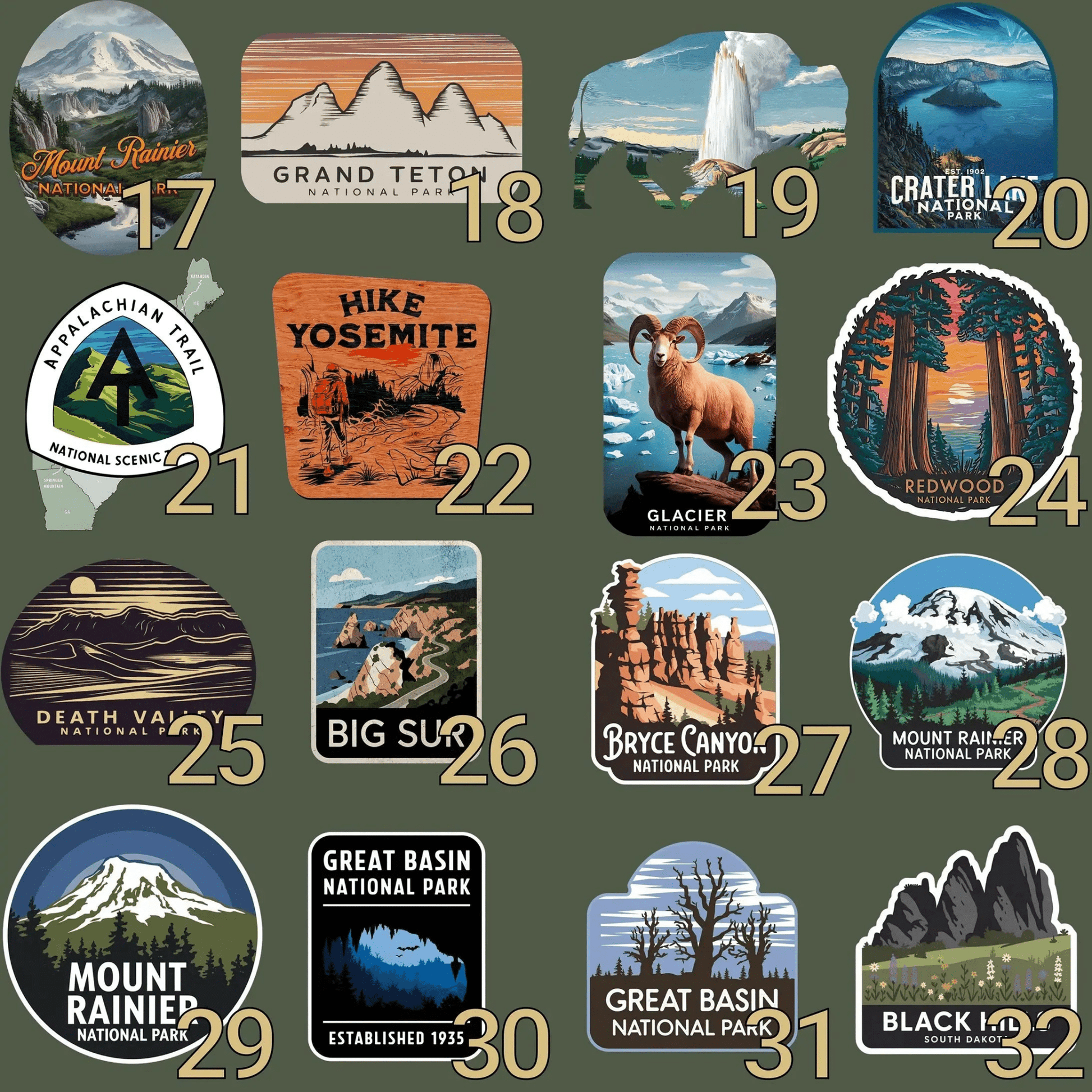 Personalized national parks sticker style 32 oz insulated water bottle tumbler showing design detail or product variation