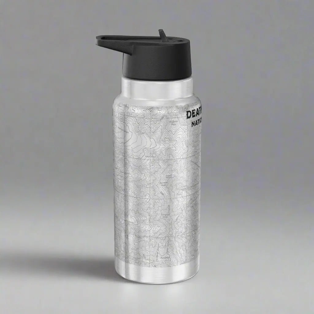 Death Valley Badwater Basin topographic insulated water bottle tumbler shown from alternate product angle