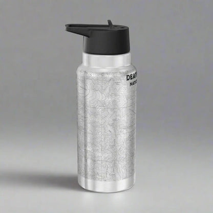 Death Valley Badwater Basin topographic insulated water bottle tumbler shown from alternate product angle
