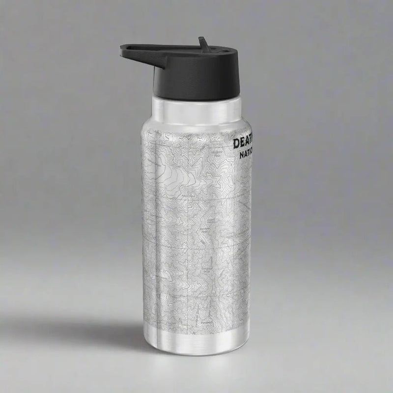 Death Valley Badwater Basin topographic insulated water bottle tumbler shown from alternate product angle