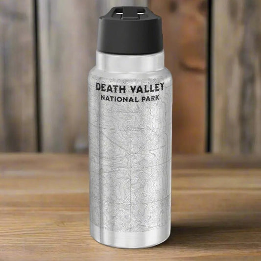 Death Valley Badwater Basin topographic insulated water bottle tumbler shown as primary product image