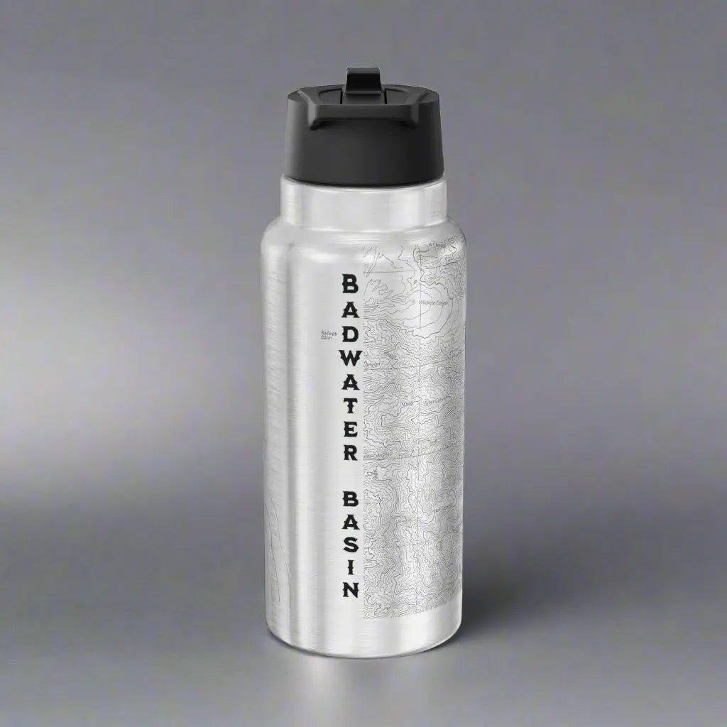 Death Valley Badwater Basin topographic insulated water bottle tumbler shown from alternate product angle