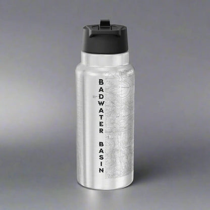 Death Valley Badwater Basin topographic insulated water bottle tumbler shown from alternate product angle