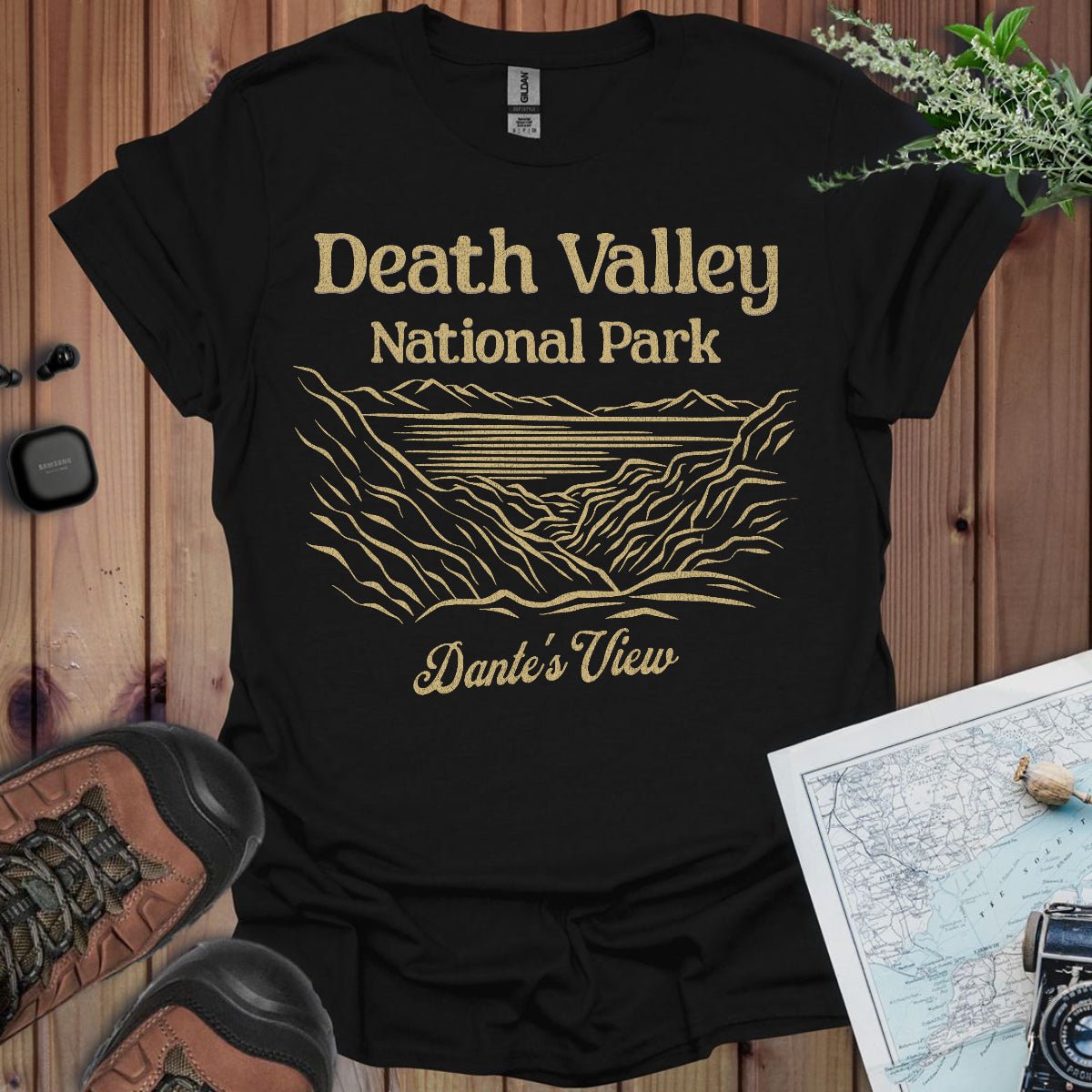Death Valley National Park Dante's View graphic t-shirt shown in lifestyle or modeled setting