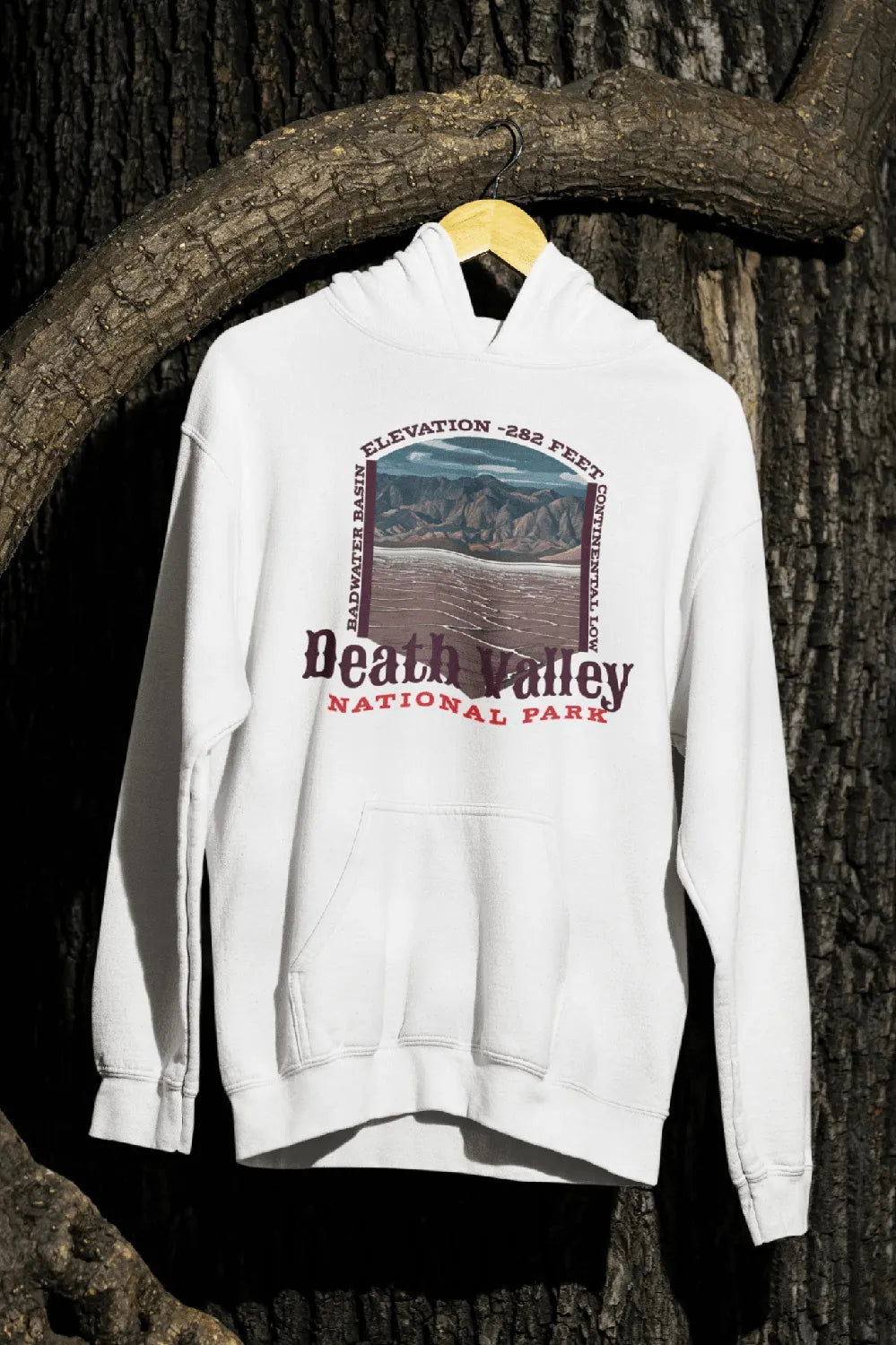 Death Valley National Park Badwater Basin fleece hoodie shown in lifestyle or modeled setting