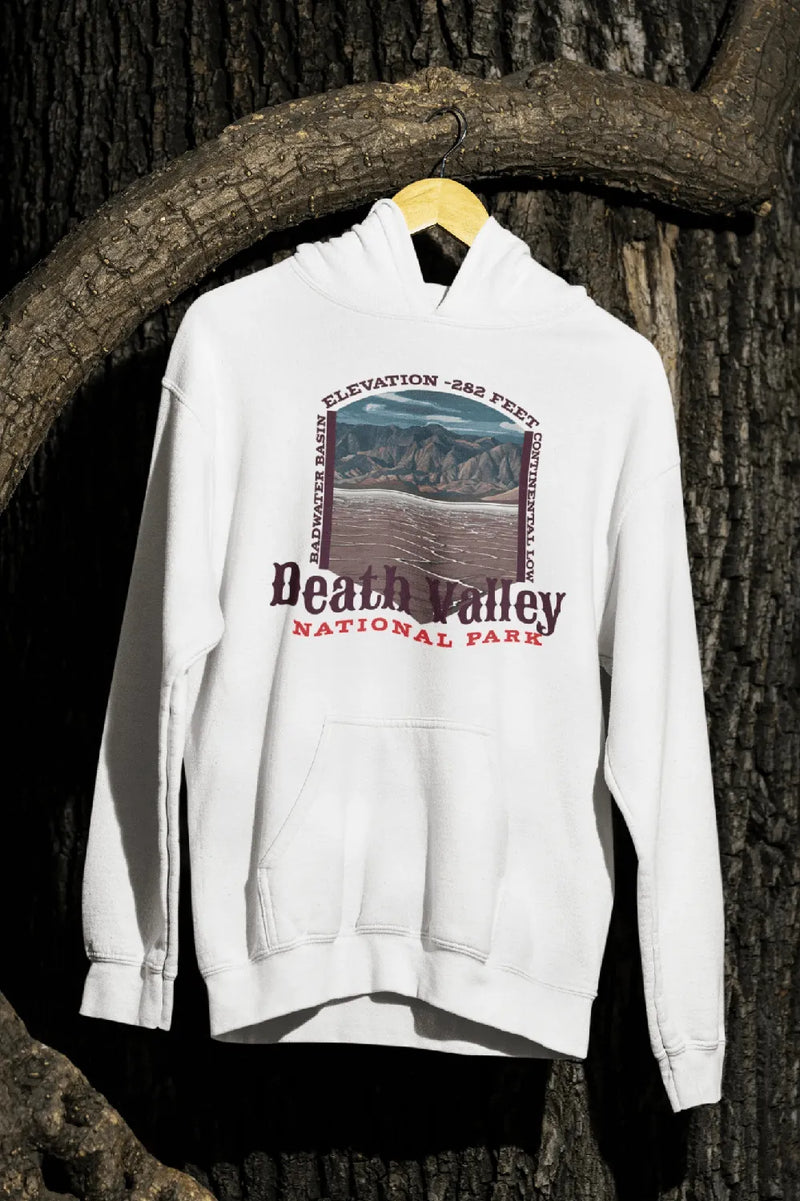 Death Valley National Park Badwater Basin fleece hoodie shown in lifestyle or modeled setting