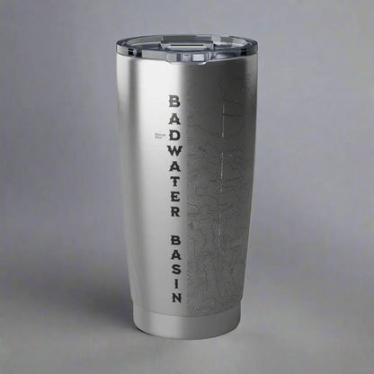 Death Valley National Park Badwater Basin topographic 20 oz tumbler shown from alternate product angle