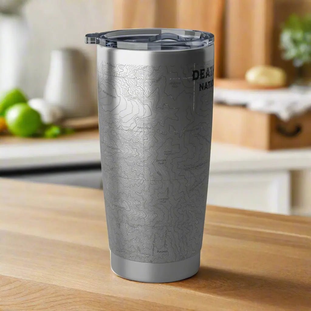 Death Valley National Park Badwater Basin topographic 20 oz tumbler shown from alternate product angle