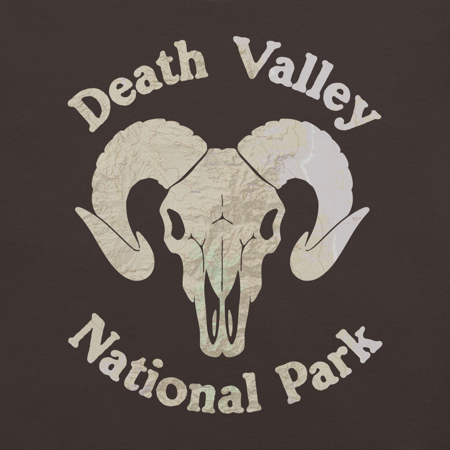 Death Valley Rams Head national park topo t-shirt shown in lifestyle or modeled setting