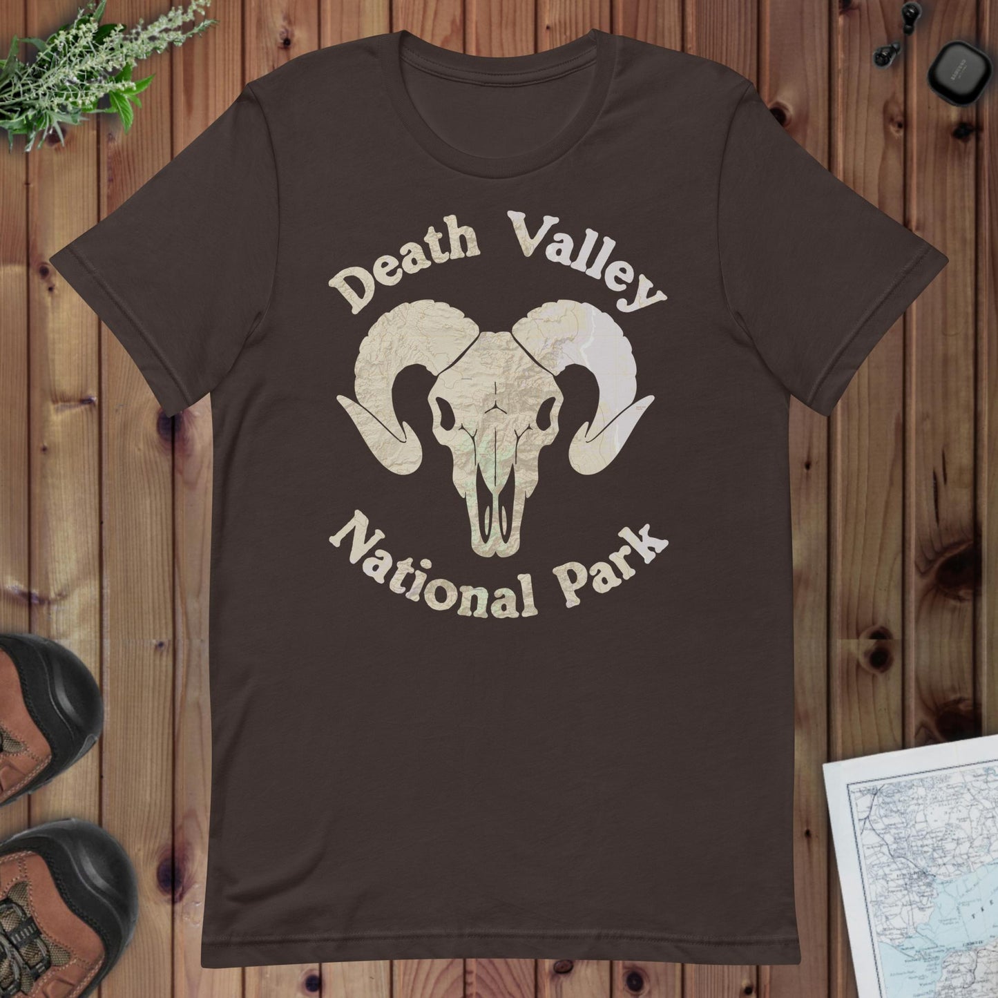 Death Valley Rams Head national park topo t-shirt shown in lifestyle or modeled setting