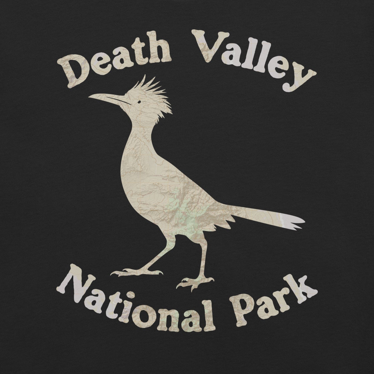 Death Valley Roadrunner national park topo t-shirt shown in lifestyle or modeled setting