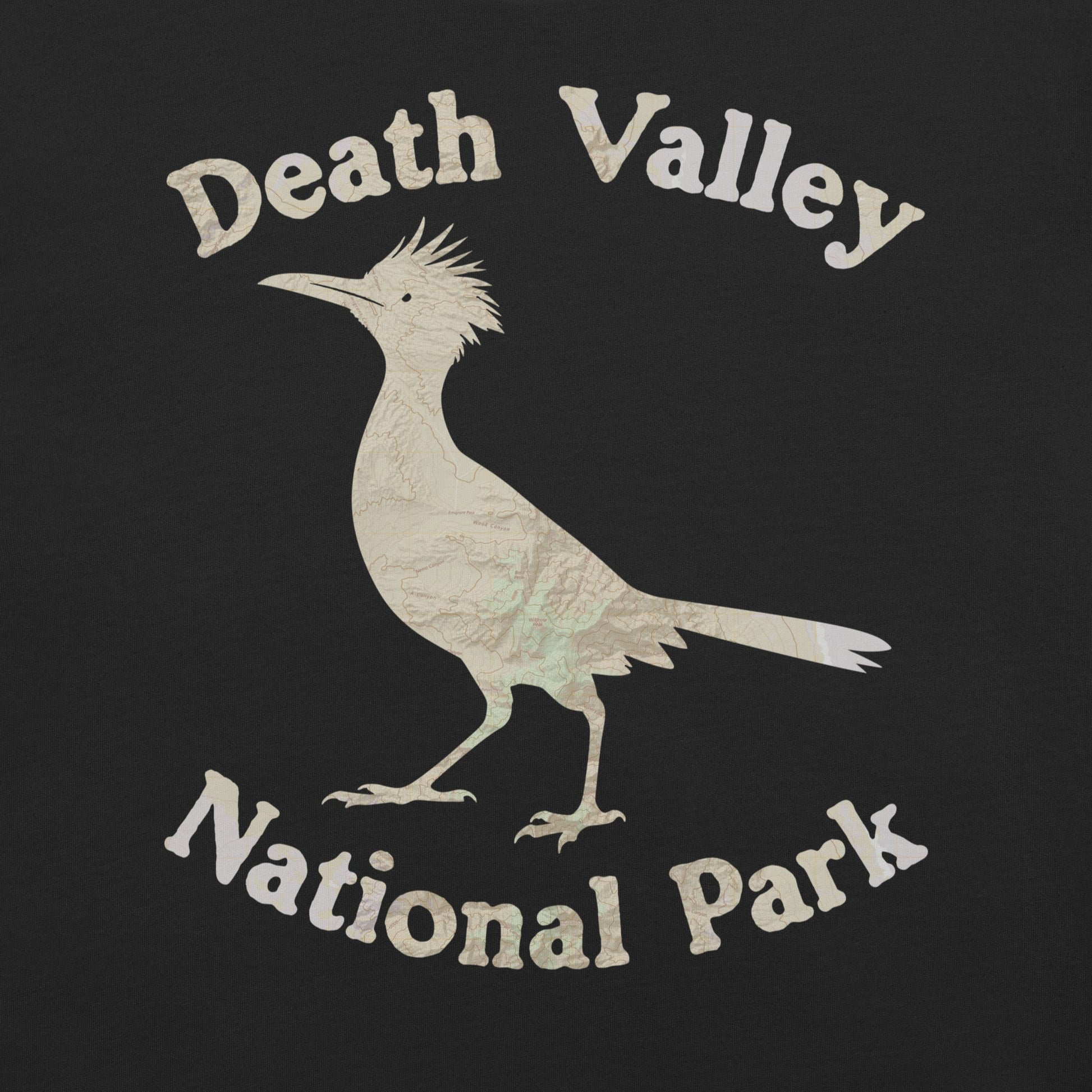 Death Valley Roadrunner national park topo t-shirt shown in lifestyle or modeled setting