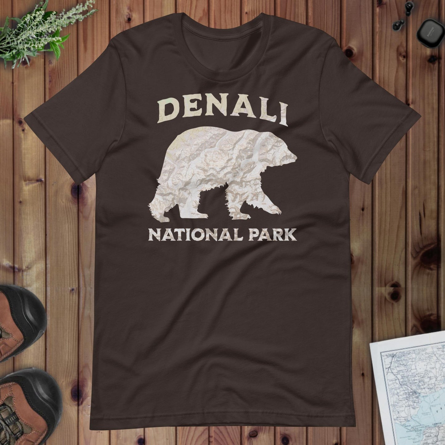 Denali Bear national park topo t-shirt shown in lifestyle or modeled setting