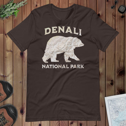 Denali Bear national park topo t-shirt shown in lifestyle or modeled setting