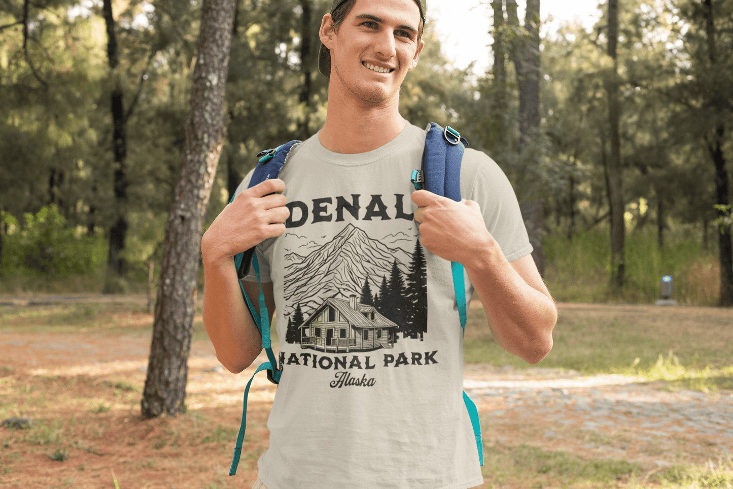 Denali National Park mountain cabin graphic t-shirt shown in lifestyle or modeled setting