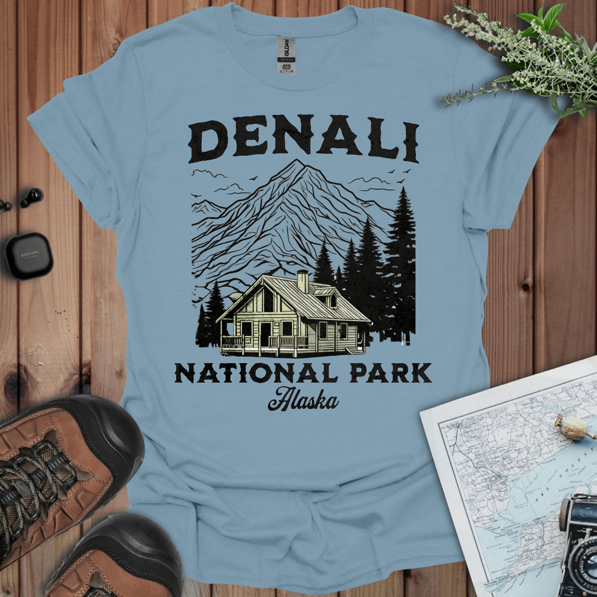 Denali National Park mountain cabin graphic t-shirt detail or alternate product view