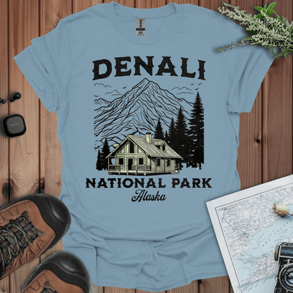 Denali National Park mountain cabin graphic t-shirt detail or alternate product view