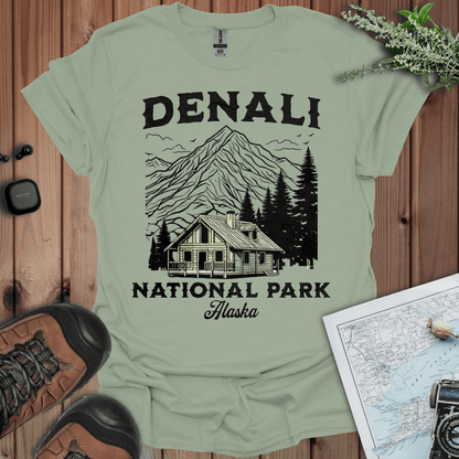 Denali National Park mountain cabin graphic t-shirt shown from alternate product angle