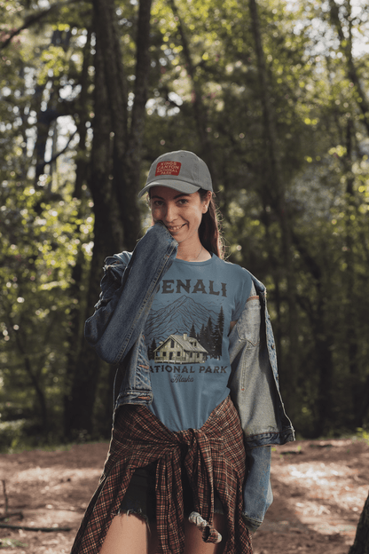 Denali National Park mountain cabin graphic t-shirt shown from alternate product angle