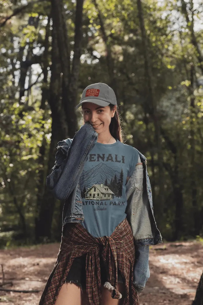Denali National Park mountain cabin graphic t-shirt shown from alternate product angle