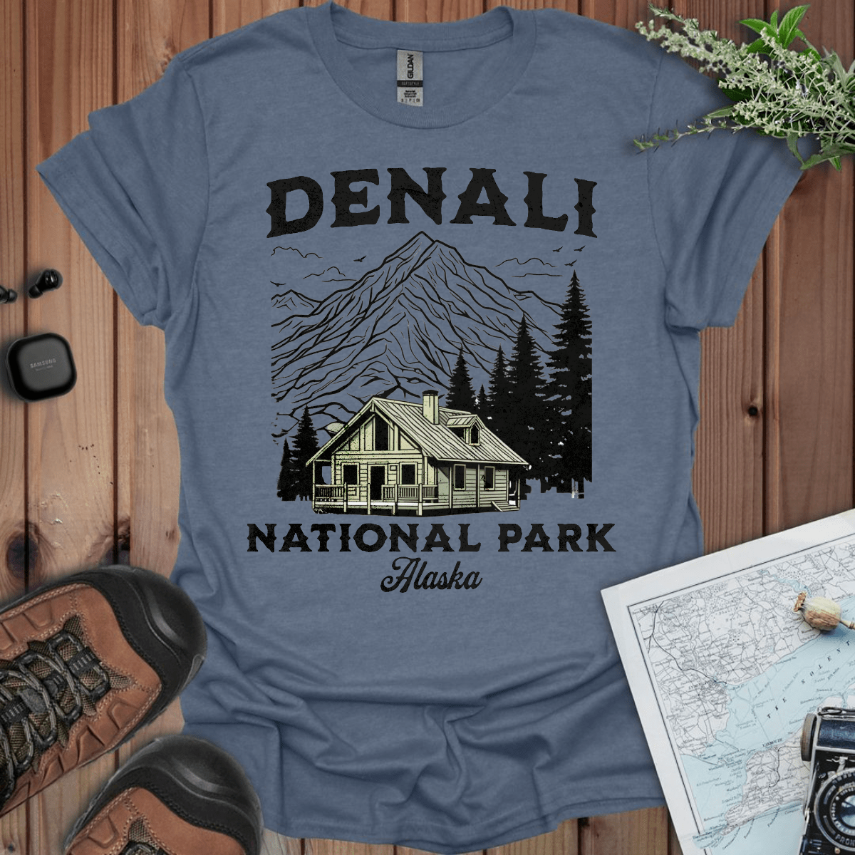 Denali National Park mountain cabin graphic t-shirt shown in lifestyle or modeled setting