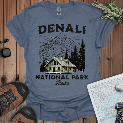 Denali National Park mountain cabin graphic t-shirt shown in lifestyle or modeled setting