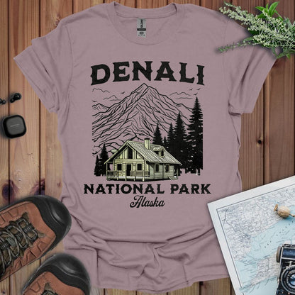 Denali National Park mountain cabin graphic t-shirt shown from alternate product angle