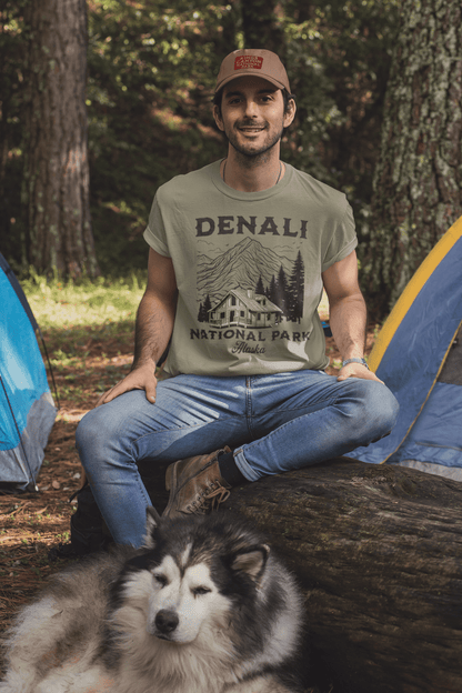 Denali National Park mountain cabin graphic t-shirt detail or alternate product view