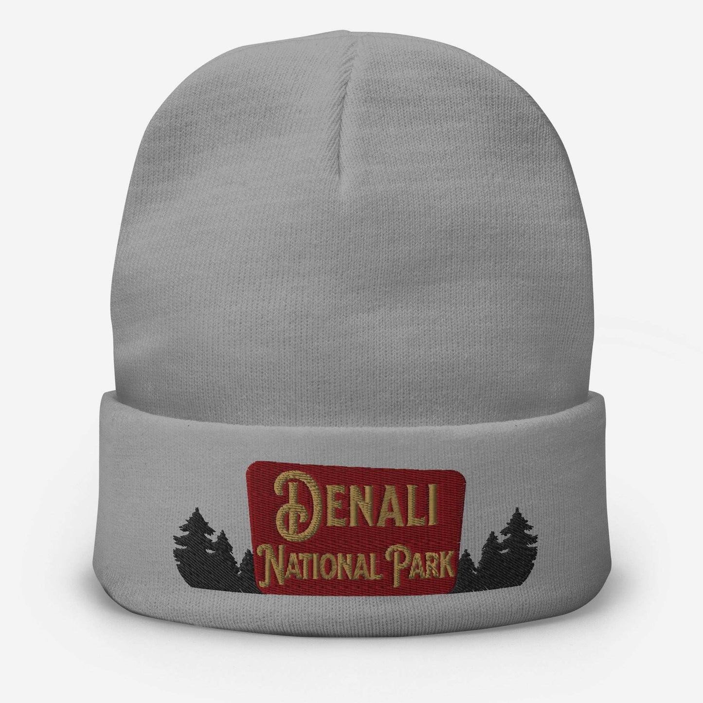 Denali National Park sign embroidered beanie shown in lifestyle or modeled setting