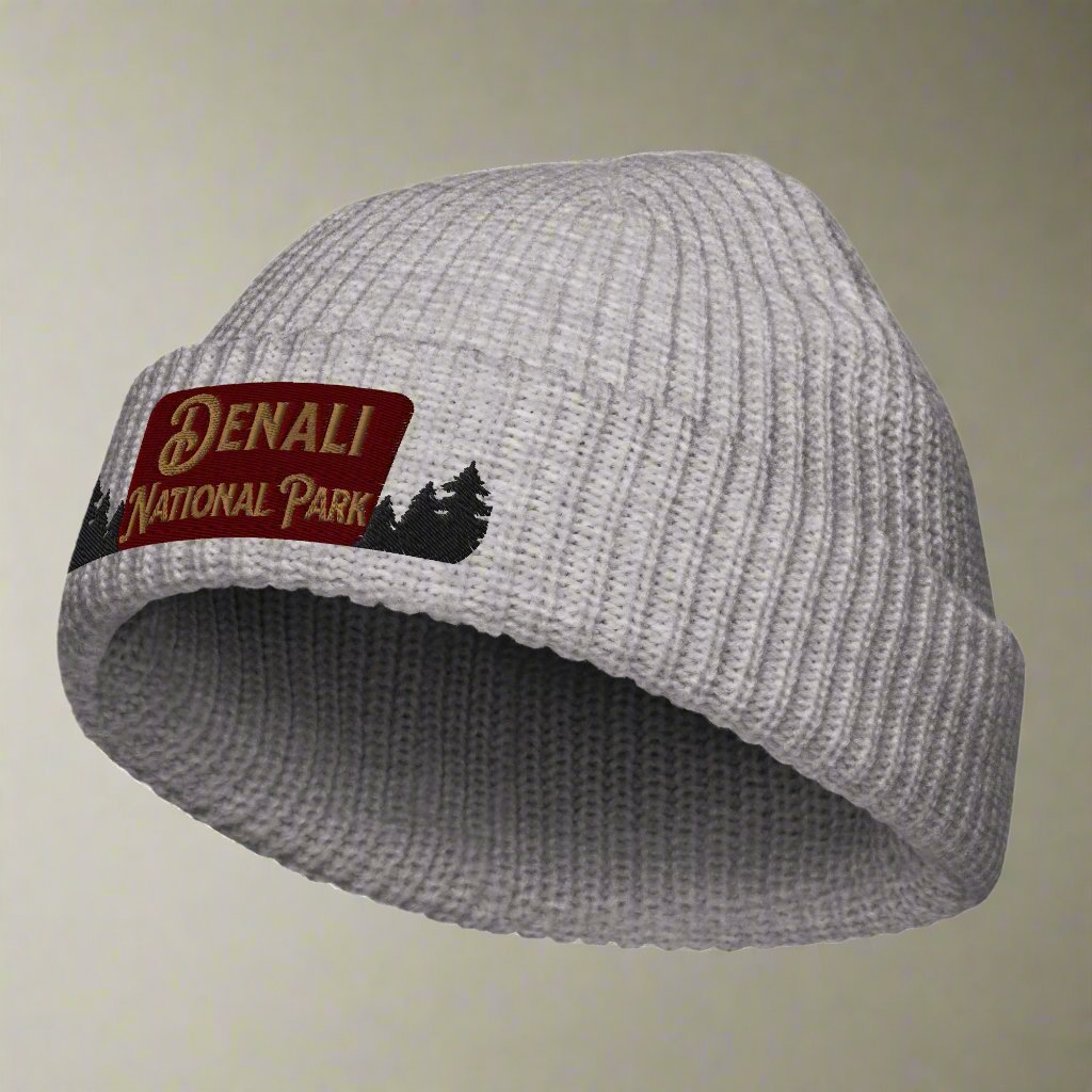 Denali National Park sign embroidered beanie shown in lifestyle or modeled setting
