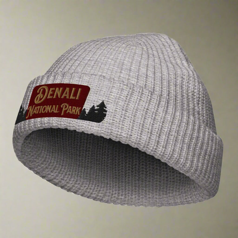Denali National Park sign embroidered beanie shown in lifestyle or modeled setting