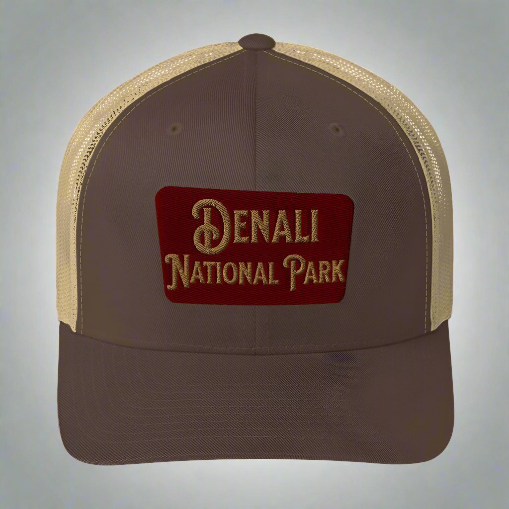 Denali National Park sign embroidered trucker hat shown from alternate product angle